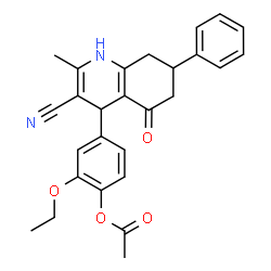 ChemSpider 2D Image | 4-(3-Cyano-2-methyl-5-oxo-7-phenyl-1,4,5,6,7,8-hexahydro-4-quinolinyl)-2-ethoxyphenyl acetate | C27H26N2O4