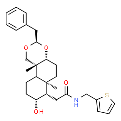 ChemSpider 2D Image | 2-[(3R,4aR,6aR,7S,8R,10bR)-3-Benzyl-8-hydroxy-6a,10b-dimethyldecahydro-1H-naphtho[2,1-d][1,3]dioxin-7-yl]-N-(2-thienylmethyl)acetamide | C28H37NO4S