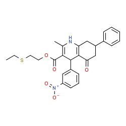 ChemSpider 2D Image | 2-(Ethylsulfanyl)ethyl 2-methyl-4-(3-nitrophenyl)-5-oxo-7-phenyl-1,4,5,6,7,8-hexahydro-3-quinolinecarboxylate | C27H28N2O5S