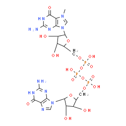 ChemSpider 2D Image | [(2R,3S,4R,5R)-5-(2-amino-7-methyl-6-oxo-1H-purin-9-yl)-3,4-dihydroxy-tetrahydrofuran-2-yl]methyl [[[(2R,3S,4R,5R)-5-(2-amino-6-oxo-1H-purin-9-yl)-3,4-dihydroxy-tetrahydrofuran-2-yl]methoxy-hydroxy-phosphoryl]oxy-hydroxy-phosphoryl] hydrogen phosphate | C21H30N10O18P3