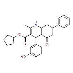 ChemSpider 2D Image | Cyclopentyl 4-(3-hydroxyphenyl)-2-methyl-5-oxo-7-phenyl-1,4,5,6,7,8-hexahydro-3-quinolinecarboxylate | C28H29NO4