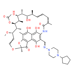 ChemSpider 2D Image | (7S,11S,12R,13S,14R,15R,16R,17S,18S)-26-{[(4-Cyclopentyl-1-piperazinyl)imino]methyl}-2,15,17,27,29-pentahydroxy-11-methoxy-3,7,12,14,16,18,22-heptamethyl-6,23-dioxo-8,30-dioxa-24-azatetracyclo[23.3.1.
1~4,7~.0~5,28~]triaconta-1(29),2,4,9,19,21,25,27-octaen-13-yl acetate | C47H64N4O12