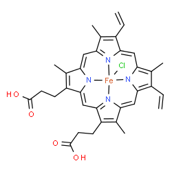 ChemSpider 2D Image | Chloro[3,3'-(3,7,12,17-tetramethyl-8,13-divinyl-2,18-porphyrindiyl-kappa~4~N~21~,N~22~,N~23~,N~24~)dipropanoato(2-)]iron | C34H32ClFeN4O4