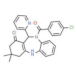 ChemSpider 2D Image | 10-(4-Chlorobenzoyl)-3,3-dimethyl-11-(2-pyridinyl)-2,3,4,5,10,11-hexahydro-1H-dibenzo[b,e][1,4]diazepin-1-one | C27H24ClN3O2