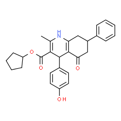 ChemSpider 2D Image | Cyclopentyl 4-(4-hydroxyphenyl)-2-methyl-5-oxo-7-phenyl-1,4,5,6,7,8-hexahydro-3-quinolinecarboxylate | C28H29NO4