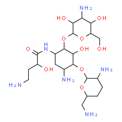 ChemSpider 2D Image | 4-Amino-N-{5-amino-2-[(3-amino-3-deoxyhexopyranosyl)oxy]-4-[(2,6-diamino-2,3,4,6-tetradeoxyhexopyranosyl)oxy]-3-hydroxycyclohexyl}-2-hydroxybutanamide | C22H44N6O10