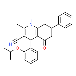 ChemSpider 2D Image | 4-(2-Isopropoxyphenyl)-2-methyl-5-oxo-7-phenyl-1,4,5,6,7,8-hexahydro-3-quinolinecarbonitrile | C26H26N2O2
