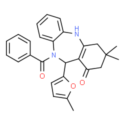 ChemSpider 2D Image | 10-Benzoyl-3,3-dimethyl-11-(5-methyl-2-furyl)-2,3,4,5,10,11-hexahydro-1H-dibenzo[b,e][1,4]diazepin-1-one | C27H26N2O3