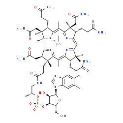 ChemSpider 2D Image | methyl-[(1R,2S,3S,4Z,7S,8S,9Z,13S,14Z,17R,18R,19R)-2,7,18-tris(2-amino-2-oxo-ethyl)-3,8,13-tris(3-amino-3-oxo-propyl)-17-[3-[[(2R)-2-[[(2R,3S,4R,5S)-5-(5,6-dimethylbenzimidazol-1-yl)-4-hydroxy-2-(hydroxymethyl)tetrahydrofuran-3-yl]oxy-oxido-phosphoryl]oxypropyl]amino]-3-oxo-propyl]-1,2,5,7,12,12,15,17-octamethyl-8,13,18,19-tetrahydro-3H-corrin-21-yl]cobalt | C63H91CoN13O14P