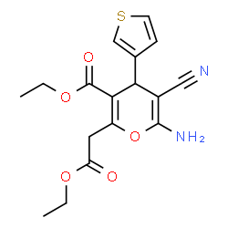 ChemSpider 2D Image | Ethyl 6-amino-5-cyano-2-(2-ethoxy-2-oxoethyl)-4-(3-thienyl)-4H-pyran-3-carboxylate | C17H18N2O5S