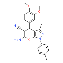 ChemSpider 2D Image | 6-Amino-4-(3,4-dimethoxyphenyl)-3-methyl-1-(4-methylphenyl)-1,4-dihydropyrano[2,3-c]pyrazole-5-carbonitrile | C23H22N4O3