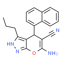 ChemSpider 2D Image | 6-Amino-4-(1-naphthyl)-3-propyl-2,4-dihydropyrano[2,3-c]pyrazole-5-carbonitrile | C20H18N4O