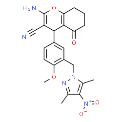 ChemSpider 2D Image | 2-Amino-4-{3-[(3,5-dimethyl-4-nitro-1H-pyrazol-1-yl)methyl]-4-methoxyphenyl}-5-oxo-5,6,7,8-tetrahydro-4H-chromene-3-carbonitrile | C23H23N5O5