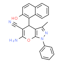 ChemSpider 2D Image | 6-Amino-4-(2-hydroxy-1-naphthyl)-3-methyl-1-phenyl-1,4-dihydropyrano[2,3-c]pyrazole-5-carbonitrile | C24H18N4O2