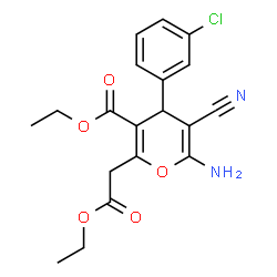 ChemSpider 2D Image | Ethyl 6-amino-4-(3-chlorophenyl)-5-cyano-2-(2-ethoxy-2-oxoethyl)-4H-pyran-3-carboxylate | C19H19ClN2O5