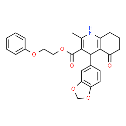 ChemSpider 2D Image | 2-Phenoxyethyl 4-(1,3-benzodioxol-5-yl)-2-methyl-5-oxo-1,4,5,6,7,8-hexahydro-3-quinolinecarboxylate | C26H25NO6