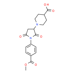 ChemSpider 2D Image | 1-{1-[4-(Methoxycarbonyl)phenyl]-2,5-dioxo-3-pyrrolidinyl}-4-piperidinecarboxylic acid | C18H20N2O6