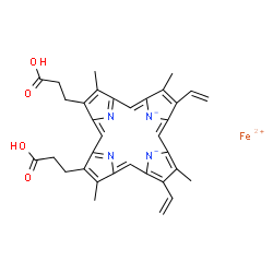 ChemSpider 2D Image | Iron(2+) 13,17-bis(2-carboxyethyl)-2,7,12,18-tetramethyl-3,8-divinylporphine-21,22-diide | C34H32FeN4O4
