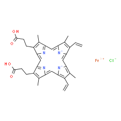 ChemSpider 2D Image | Iron(3+) chloride 13,17-bis(2-carboxyethyl)-2,7,12,18-tetramethyl-3,8-divinylporphine-21,22-diide | C34H32ClFeN4O4