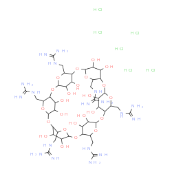 ChemSpider 2D Image | 1,1',1'',1''',1'''',1'''''-[(31,32,33,34,35,36,37,38,39,40,41,42-Dodecahydroxy-2,4,7,9,12,14,17,19,22,24,27,29-dodecaoxaheptacyclo[26.2.2.2~3,6~.2~8,11~.2~13,16~.2~18,21~.2~23,26~]dotetracontane-5,10,
15,20,25,30-hexayl)hexakis(methylene)]hexaguanidine hexahydrochloride | C42H84Cl6N18O24