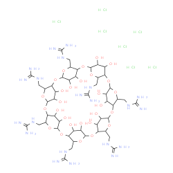 ChemSpider 2D Image | 1,1',1'',1''',1'''',1''''',1''''''-[(36,37,38,39,40,41,42,43,44,45,46,47,48,49-Tetradecahydroxy-2,4,7,9,12,14,17,19,22,24,27,29,32,34-tetradecaoxaoctacyclo[31.2.2.2~3,6~.2~8,11~.2~13,16~.2~18,21~.2~23
,26~.2~28,31~]nonatetracontane-5,10,15,20,25,30,35-heptayl)heptakis(methylene)]heptaguanidine heptahydrochloride | C49H98Cl7N21O28