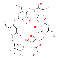 ChemSpider 2D Image | 5,10,15,20,25,30-Hexakis(bromomethyl)-2,4,7,9,12,14,17,19,22,24,27,29-dodecaoxaheptacyclo[26.2.2.2~3,6~.2~8,11~.2~13,16~.2~18,21~.2~23,26~]dotetracontane-31,32,33,34,35,36,37,38,39,40,41,42-dodecol (n
on-preferred name) | C36H54Br6O24