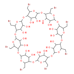 ChemSpider 2D Image | 5,10,15,20,25,30,35,40-Octakis(bromomethyl)-2,4,7,9,12,14,17,19,22,24,27,29,32,34,37,39-hexadecaoxanonacyclo[36.2.2.2~3,6~.2~8,11~.2~13,16~.2~18,21~.2~23,26~.2~28,31~.2~33,36~]hexapentacontane-41,42,4
3,44,45,46,47,48,49,50,51,52,53,54,55,56-hexadecol | C48H72Br8O32