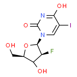 ChemSpider 2D Image | 1-[(3xi)-2-Deoxy-2-fluoro-beta-D-threo-pentofuranosyl]-5-iodo-2,4(1H,3H)-pyrimidinedione | C9H10FIN2O5