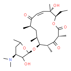 ChemSpider 2D Image | (3R,5R,6S,7S,9R,11Z,13S,14R)-14-Ethyl-13-hydroxy-3,5,7,9,13-pentamethyl-2,4,10-trioxooxacyclotetradec-11-en-6-yl 3,4,6-trideoxy-3-(dimethylamino)-alpha-L-glycero-hexopyranoside | C28H47NO8
