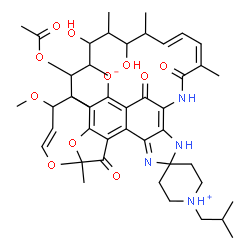 ChemSpider 2D Image | (9E,19E,21Z)-13-Acetoxy-15,17-dihydroxy-1'-isobutyl-11-methoxy-3,7,12,14,16,18,22-heptamethyl-6,23,32-trioxospiro[8,33-dioxa-24,27,29-triazapentacyclo[23.6.1.1~4,7~.0~5,31~.0~26,30~]tritriaconta-1(31)
,2,4,9,19,21,25,29-octaene-28,4'-piperidinium]-2-olate | C46H62N4O11