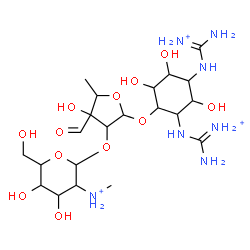 ChemSpider 2D Image | 2,4-Bis{[ammonio(imino)methyl]amino}-3,5,6-trihydroxycyclohexyl 5-deoxy-2-O-[2-deoxy-2-(methylammonio)hexopyranosyl]-3-C-formylpentofuranoside | C21H42N7O12