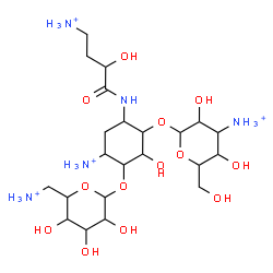 ChemSpider 2D Image | 4-Ammonio-3-[(6-ammonio-6-deoxyhexopyranosyl)oxy]-6-[(4-ammonio-2-hydroxybutanoyl)amino]-2-hydroxycyclohexyl 3-ammonio-3-deoxyhexopyranoside | C22H47N5O13