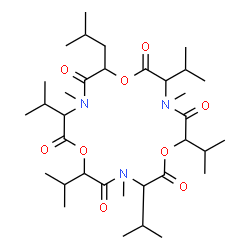 ChemSpider 2D Image | 6-Isobutyl-3,9,12,15,18-pentaisopropyl-4,10,16-trimethyl-1,7,13-trioxa-4,10,16-triazacyclooctadecane-2,5,8,11,14,17-hexone | C34H59N3O9