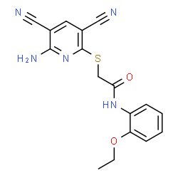 ChemSpider 2D Image | 2-[(6-Amino-3,5-dicyano-2-pyridinyl)sulfanyl]-N-(2-ethoxyphenyl)acetamide | C17H15N5O2S