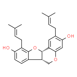 ChemSpider 2D Image | (6aS,11aS)-2,10-Bis(3-methyl-2-buten-1-yl)-6a,11a-dihydro-6H-[1]benzofuro[3,2-c]chromene-3,9-diol | C25H28O4