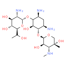ChemSpider 2D Image | (1S,2S,4S,6R)-4,6-Diamino-3-({(5S)-2-amino-2-deoxy-5-[(1R)-1-hydroxyethyl]-alpha-L-xylopyranosyl}oxy)-2-hydroxycyclohexyl 3-deoxy-4-C-methyl-3-(methylamino)-beta-L-arabinopyranoside | C20H40N4O10