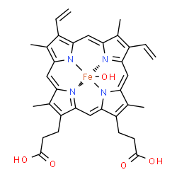 ChemSpider 2D Image | Hydroxy[3,3'-(3,7,12,17-tetramethyl-8,13-divinyl-2,18-porphyrindiyl-kappa~4~N~21~,N~22~,N~23~,N~24~)dipropanoato(2-)]iron | C34H33FeN4O5