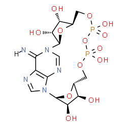 ChemSpider 2D Image | (2R,3R,4S,5R,13R,14S,15R,16R,24E)-24-Imino-7,9,11,25,26-pentaoxa-1,17,19,22-tetraaza-8,10-diphosphapentacyclo[18.3.1.1~2,5~.1~13,16~.0~17,21~]hexacosa-18,20,22-triene-3,4,8,10,14,15-hexol 8,10-dioxide | C15H21N5O13P2