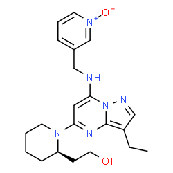 ChemSpider 2D Image | 2-[(2R)-1-(3-Ethyl-7-{[(1-oxido-3-pyridinyl)methyl]amino}pyrazolo[1,5-a]pyrimidin-5-yl)-2-piperidinyl]ethanol | C21H28N6O2