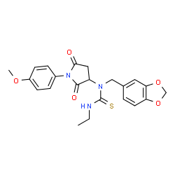 ChemSpider 2D Image | 1-(1,3-Benzodioxol-5-ylmethyl)-3-ethyl-1-[1-(4-methoxyphenyl)-2,5-dioxo-3-pyrrolidinyl]thiourea | C22H23N3O5S