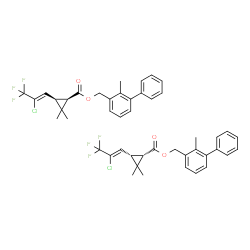 ChemSpider 2D Image | (2-Methyl-3-biphenylyl)methyl (1R,3R)-3-[(1Z)-2-chloro-3,3,3-trifluoro-1-propen-1-yl]-2,2-dimethylcyclopropanecarboxylate - (2-methyl-3-biphenylyl)methyl (1S,3S)-3-[(1Z)-2-chloro-3,3,3-trifluoro-1-propen-1-yl]-2,2-dimethylcyclopropanecarboxylate (1:1) | C46H44Cl2F6O4