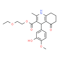 ChemSpider 2D Image | 2-Ethoxyethyl 4-(3-hydroxy-4-methoxyphenyl)-2-methyl-5-oxo-1,4,5,6,7,8-hexahydro-3-quinolinecarboxylate | C22H27NO6