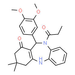 ChemSpider 2D Image | 11-(3,4-Dimethoxyphenyl)-3,3-dimethyl-10-propionyl-2,3,4,5,10,11-hexahydro-1H-dibenzo[b,e][1,4]diazepin-1-one | C26H30N2O4