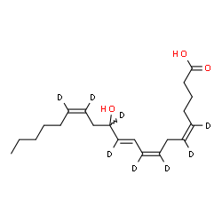 ChemSpider 2D Image | (5Z,8Z,10E,14Z)-12-Hydroxy(5,6,8,9,11,12,14,15-~2~H_8_)-5,8,10,14-icosatetraenoic acid | C20H24D8O3