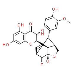 ChemSpider 2D Image | (1S,3R,6R,7R,10R)-3-Hydroxy-10-(4-hydroxy-3-methoxyphenyl)-8-[(2R,3R)-3,5,7-trihydroxy-4-oxo-3,4-dihydro-2H-chromen-2-yl]-4-oxatricyclo[4.3.1.0~3,7~]dec-8-en-2-one | C25H22O10