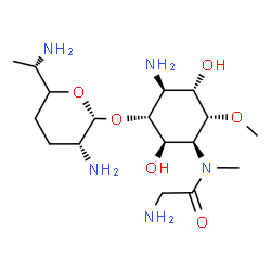 ChemSpider 2D Image | N-[(1S,2R,3R,4S,5S,6R)-4-Amino-3-({(2R,3R)-3-amino-6-[(1S)-1-aminoethyl]tetrahydro-2H-pyran-2-yl}oxy)-2,5-dihydroxy-6-methoxycyclohexyl]-N-methylglycinamide | C17H35N5O6