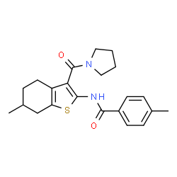 ChemSpider 2D Image | 4-Methyl-N-[6-methyl-3-(1-pyrrolidinylcarbonyl)-4,5,6,7-tetrahydro-1-benzothiophen-2-yl]benzamide | C22H26N2O2S