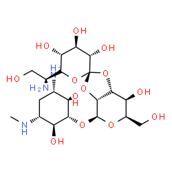 ChemSpider 2D Image | (2R,3'S,3aR,4S,4'R,5'R,6R,6'R,7S)-4-{[(1S,2R,3S,5R,6S)-3-Amino-2,6-dihydroxy-5-(methylamino)cyclohexyl]oxy}-6'-[(1S)-1-amino-2-hydroxyethyl]-6-(hydroxymethyl)octahydro-4H-spiro[1,3-dioxolo[4,5-c]pyran
-2,2'-pyran]-3',4',5',7-tetrol | C20H37N3O13