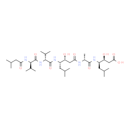 ChemSpider 2D Image | N-(3-Methylbutanoyl)-D-valyl-N-[(3R,4S)-1-{[(2R)-1-{[(2S,3R)-1-carboxy-2-hydroxy-5-methyl-3-hexanyl]amino}-1-oxo-2-propanyl]amino}-3-hydroxy-6-methyl-1-oxo-4-heptanyl]-D-valinamide | C34H63N5O9