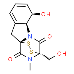 ChemSpider 2D Image | (1S,7R,8S,11S)-7-Hydroxy-11-(hydroxymethyl)-15-methyl-12,13-dithia-9,15-diazatetracyclo[9.2.2.0~1,9~.0~3,8~]pentadeca-3,5-diene-10,14-dione | C13H14N2O4S2